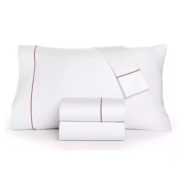 new Charter Club 550 TC Cotton QUEEN Sheet Set WHITE w/ Red Embroidered Cuffs - Picture 1 of 11